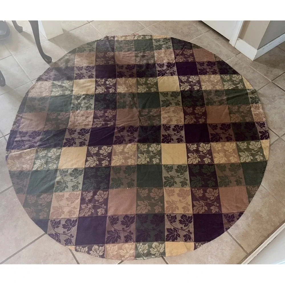 Oblong/Round Patchwork Leaf Jacquard Tablecloth Autumn Harvest Gold Metallic Vtg